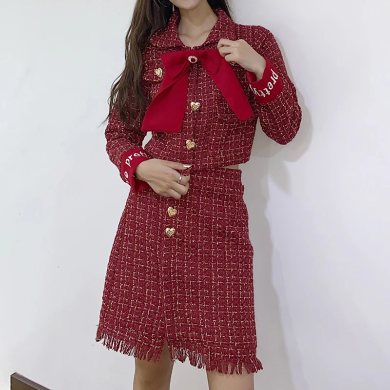 Винтажный Красный твидовый в клетку отложной воротник бант сердце пуговица