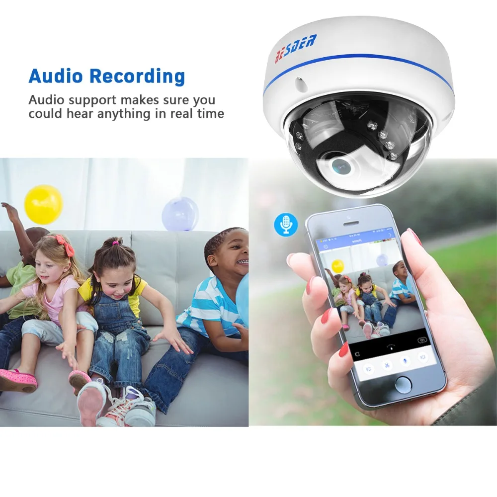 Besder H.265 5MP 3MP 2MP ip-камера наблюдения аудио Внутренний микрофон АНТИВАНДАЛЬНАЯ ИК купольная камера безопасности ONVIF P2P
