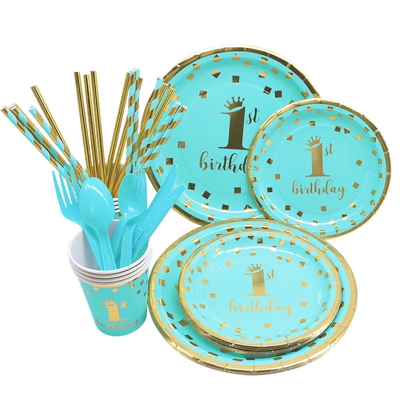 1st Birthday Party Supplies Pink Blue Paper Plates Cups Straws Disposable Tableware Banner Gender Reveal Baby Shower Party Decor