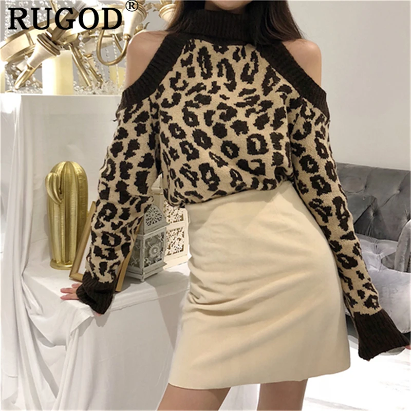 RUGOD Vintage leopard sweater women Elegant off shoulder turtleneck knitted sweaters female 2019 Fashion Slim pullovers outwear | Женская