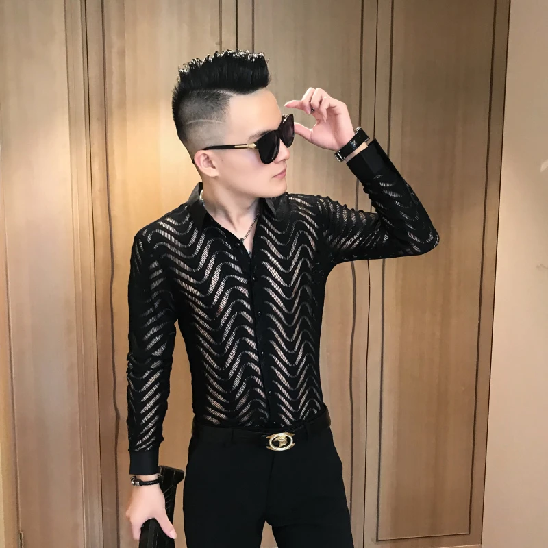 Transparent Shirt Summer Short Sleeve Shirt Camisa Hombre Stitching Stripe Shirt See Through Shirt Men Chemise Homme Marque Luxe