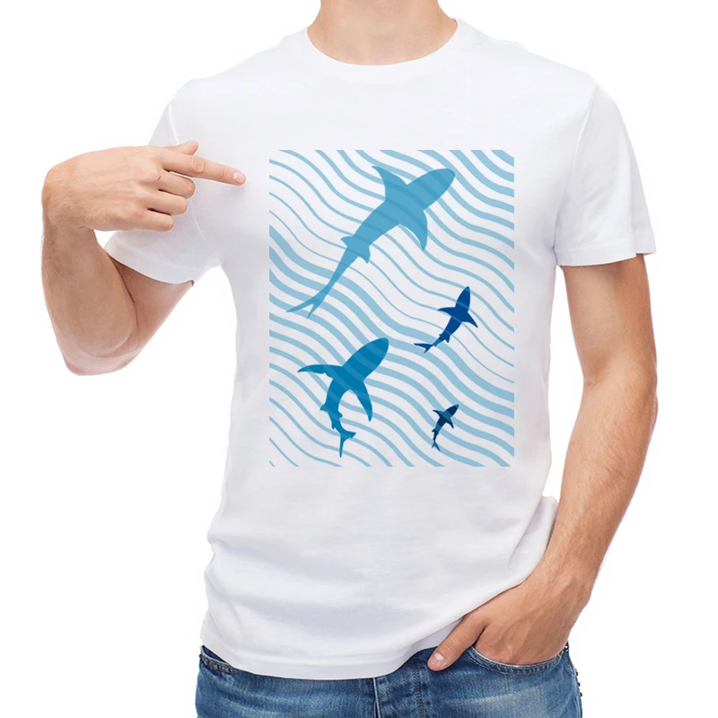 

TEEHUB Fashion Shark Hunting Time Men T Shirt Hipster Geometric Blue Shark Printed T-shirt Short Sleeve Tops Harajuku Tees