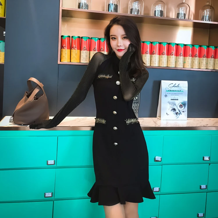 Новинка 2019 Осеннее женское мини-платье с оборками однобортное из кусков