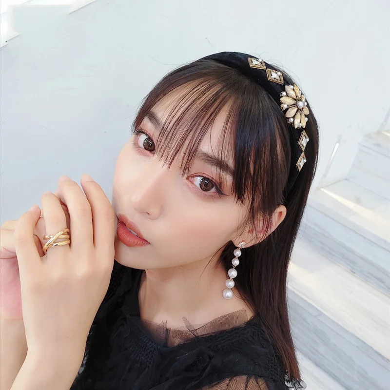 Новый дизайн ободок для волос с кристаллами и цветами черный бархатные ободки