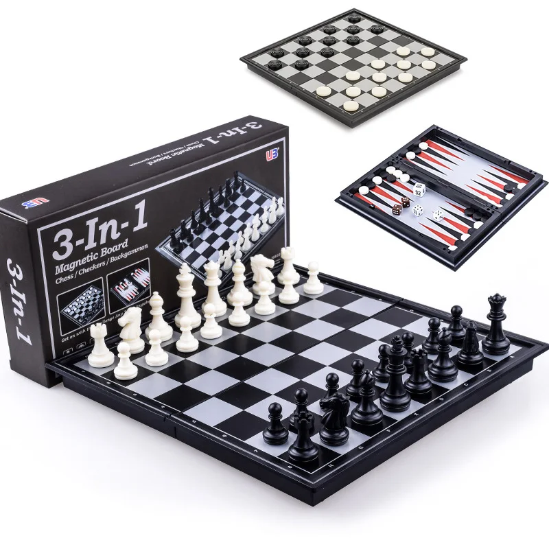 3-in-1 Chess Set Backgammon Checkers Match Size Foldable Board Game Set With Magnetic Chessborad Chess Pieces Travel szachy