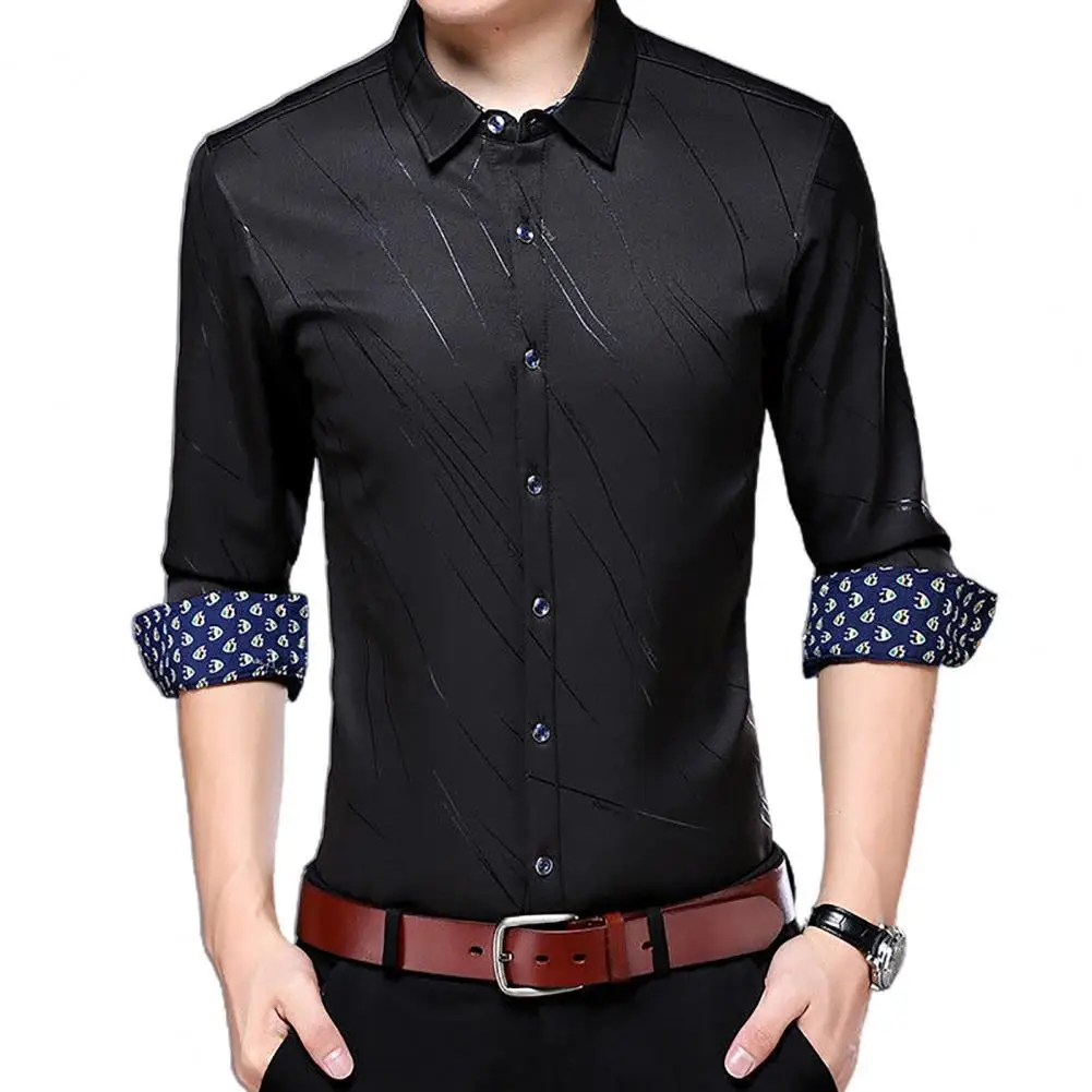 

Fashion Men Dress Shirts Formal Business Social Blouse Men Long Sleeve Turn Down Collar Letters/Stripes Print Buttons Shirt Top