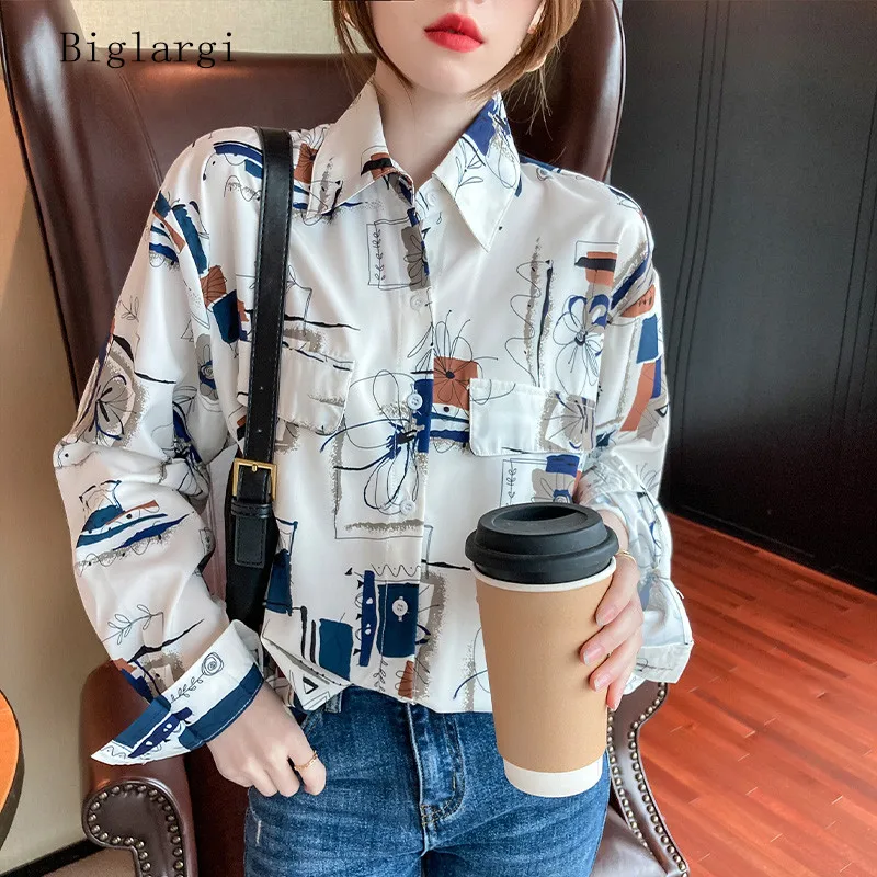 

Женская рубашка-поло с длинным рукавом, Повседневная Свободная блузка с принтом граффити, модель 2021 в Корейском стиле на осень