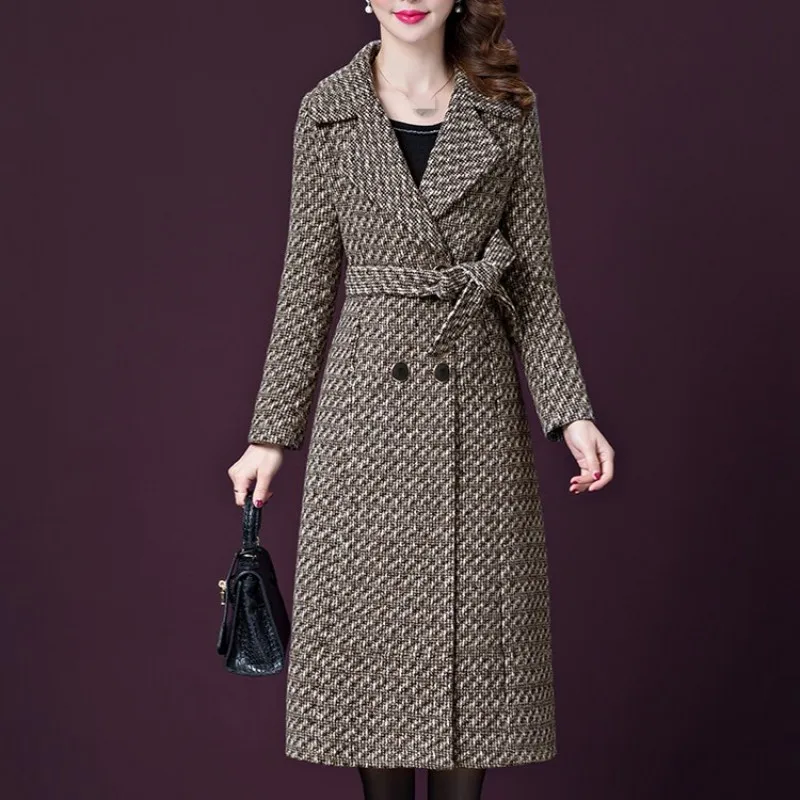 

Elegant Office Woolen Coat Women Winter Plaid Long Overcoat Korean Fashion Lapel Double Breasted Slim Outerwear Plus Size 5XL