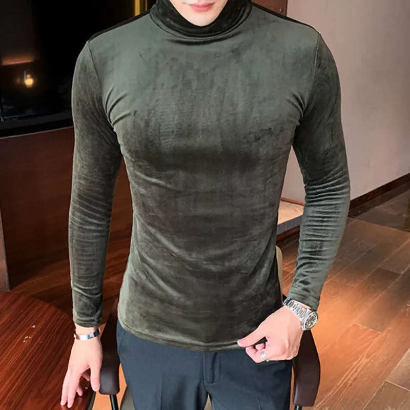 

Luxury Spring Autumn Velvet T Shirts Half Turtleneck Men Long Sleeves TShirt Warm Casual Slim Fit T Shirts Streetwear Tops Tees