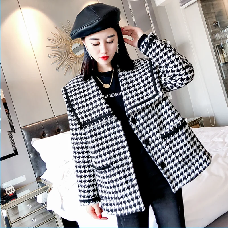 

Houndstooth Woolen Coat Ladies Autumn And Winter Fashion New Long-sleeved Western-style Casual Loose Blouse Women
