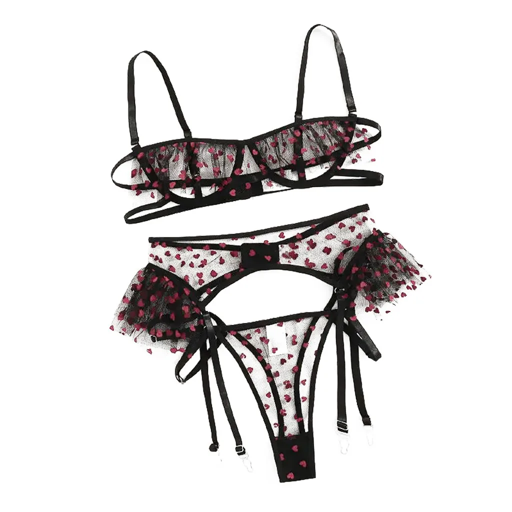

Mesh Transparent Sexy Lingerie Women Underwear Set Erotic Wireless Lace Bra Lingerie Set Thong Garter Lenceria Sensual Mujer