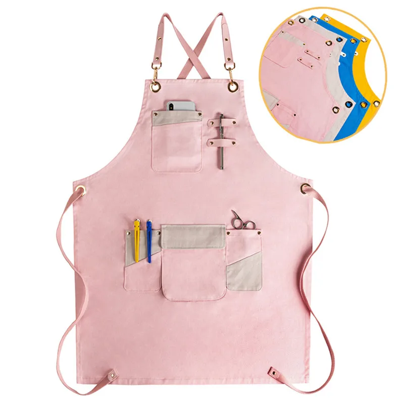 Gray Pink Long Cotton Apron Waitstaff Barista Bartender Baker Bistro Pastry Catering Uniform Florist Painter Artist Work Wear E4