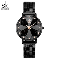 shengke new women watches romantic flower cutting dial high quality black mesh band lady watches relogio feminino gift for love