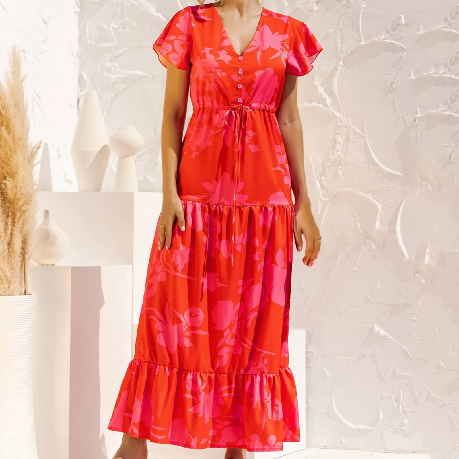 

2021 Summer Beach Dress Printed Dress Loose And Comfortable Women's Casual Short Sleeve V Neck Long Dress Vestidos Playa