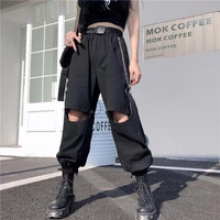 qweek punk black cargo pants women hippie streetwear oversize gothic high waist casual loose gray trousers mall goth techwear