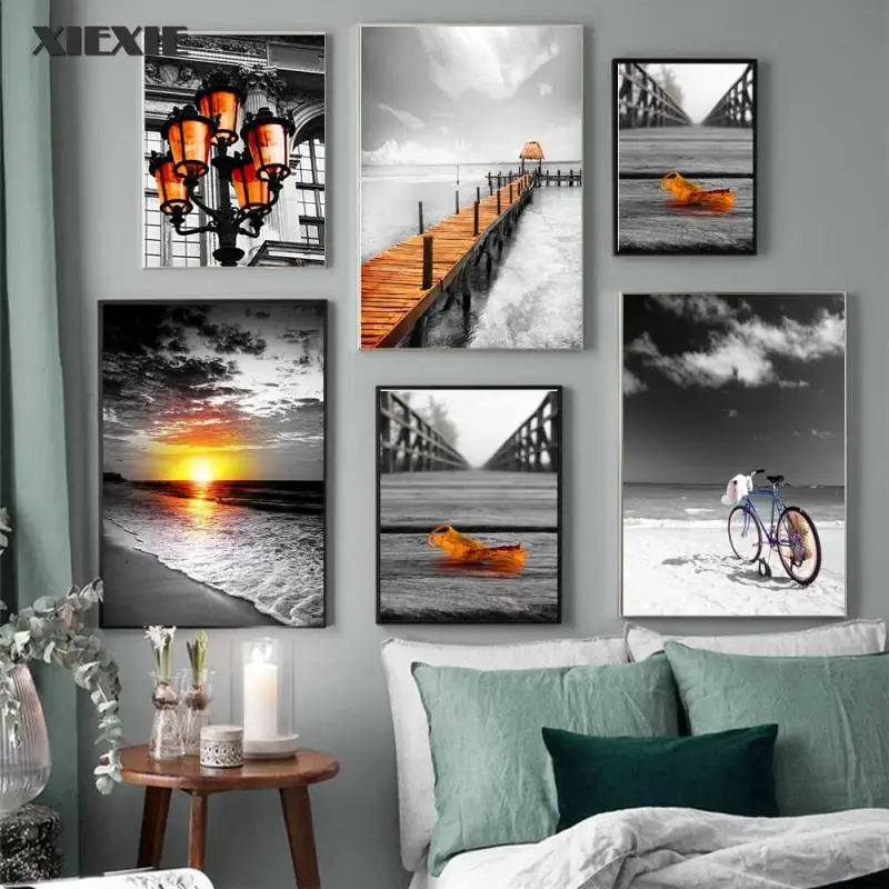 

Retro Art Street Lamp Landscape Canvas Painting Seaside Sunset Poster Office Wall Painting Living Room Home Decoration Mural