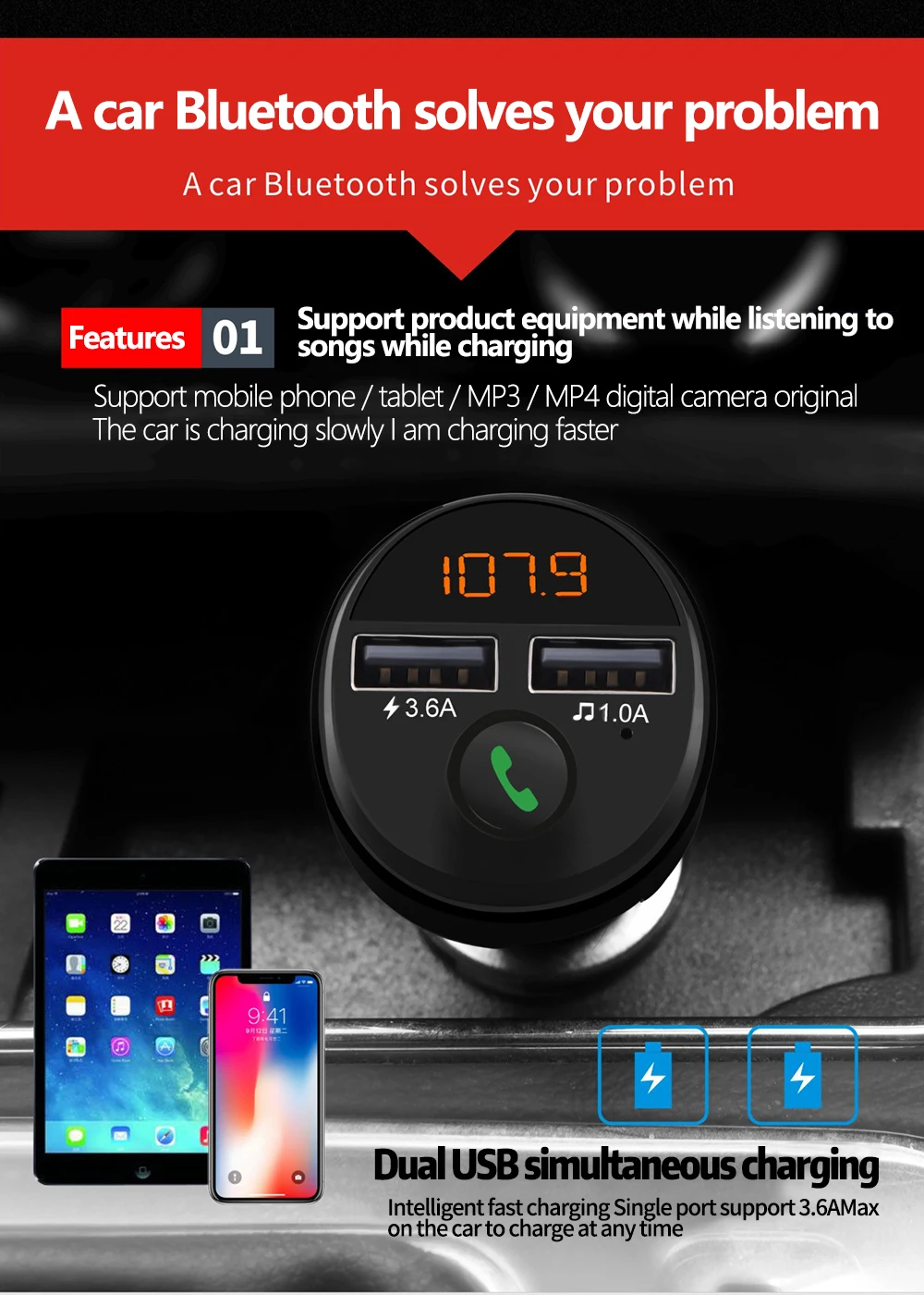 Rovtop Bluetooth автомобильный комплект громкой связи беспроводной fm-передатчик 3.1A 3.6A Быстрая зарядка двойной USB зарядное устройство lcd TF карта Автомобильный MP3-плеер