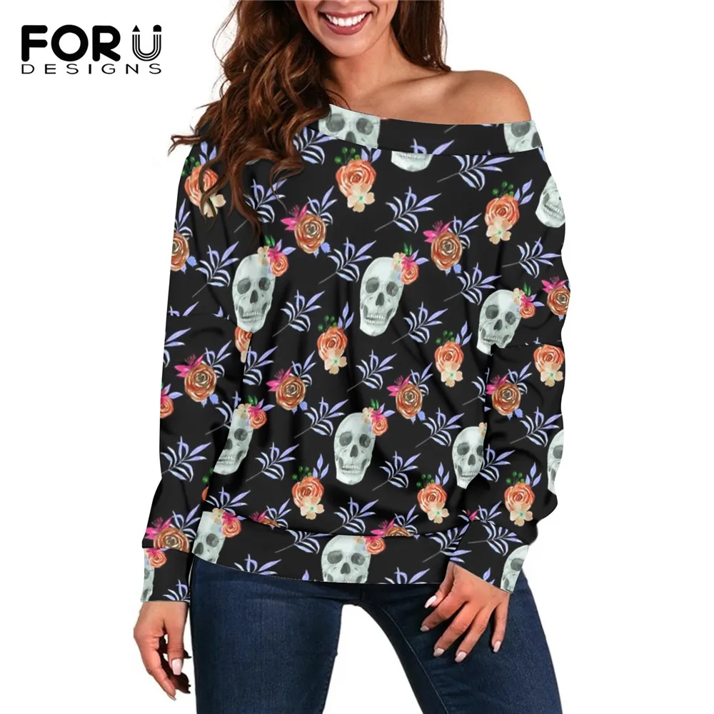 

FORUDESIGNS Women T Shirt Off Shoulder Tops Girls Skulls Design Sweatshirts Street Loose Pullovers Tees Clothing for Females