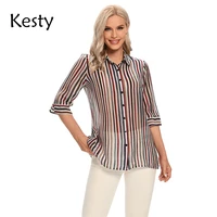 kesty women polyester strip printing shirt with button up 34sleeve turn down collar female casual breathable ultra thin blouse