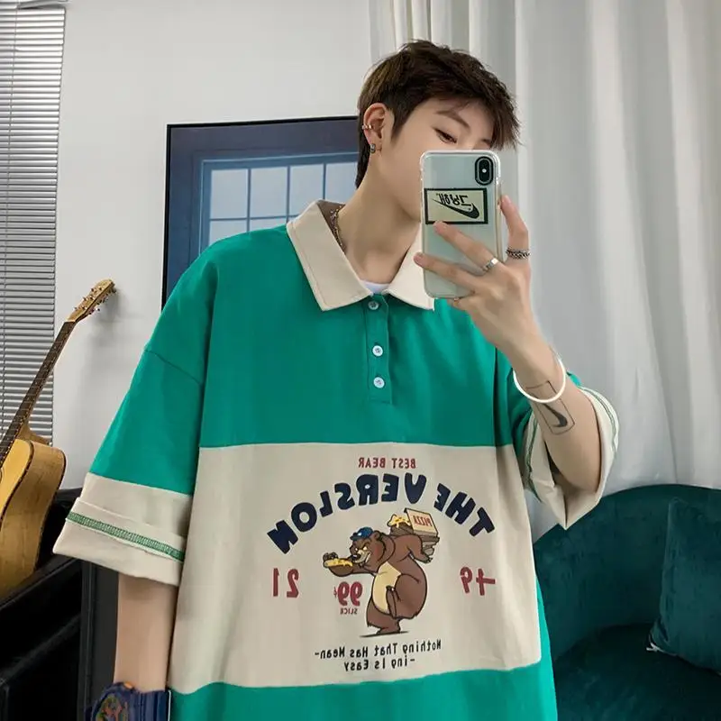

Instagrams-style short-sleeved T-shirt men summer trend loose Hong Kong style polo shirt popular logo all-match web celebrity sh