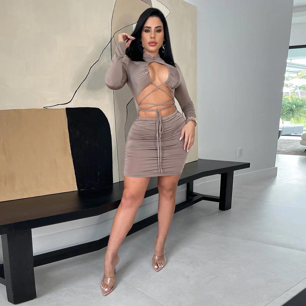 

Платье-футляр женское с длинным рукавом, элегантное пикантное Облегающее с оборками, на завязках, с поясом, с разрезом, серое черное