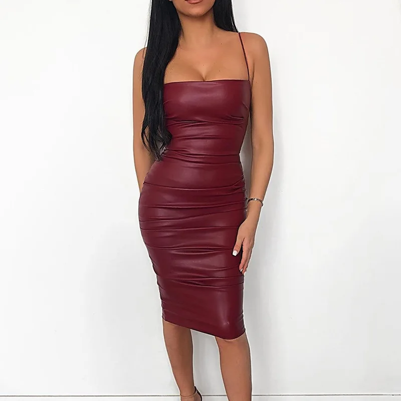 Женское платье миди Ellolace черное облегающее из искусственной кожи на тонких