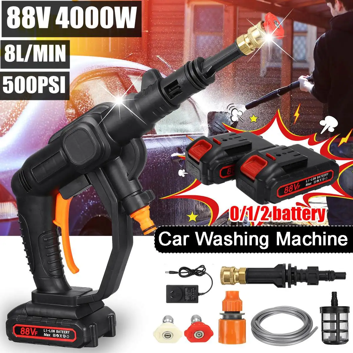 4000W 88V Cordless Car Washer Water Gun High Pressure Cleaner Washer Foam Auto Cleaning Care Car Wash Spray With 2pcs Battery