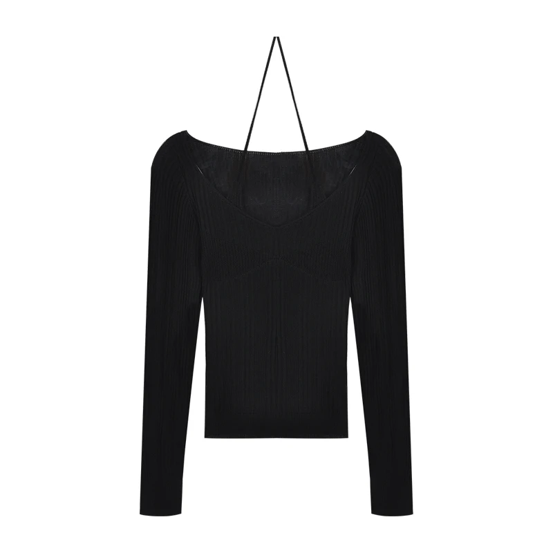 

NEW Fake Two-piece Halter White Sweater Women's Autumn NEW Long Sleeve Slim Tight Bottoming Sweater Top