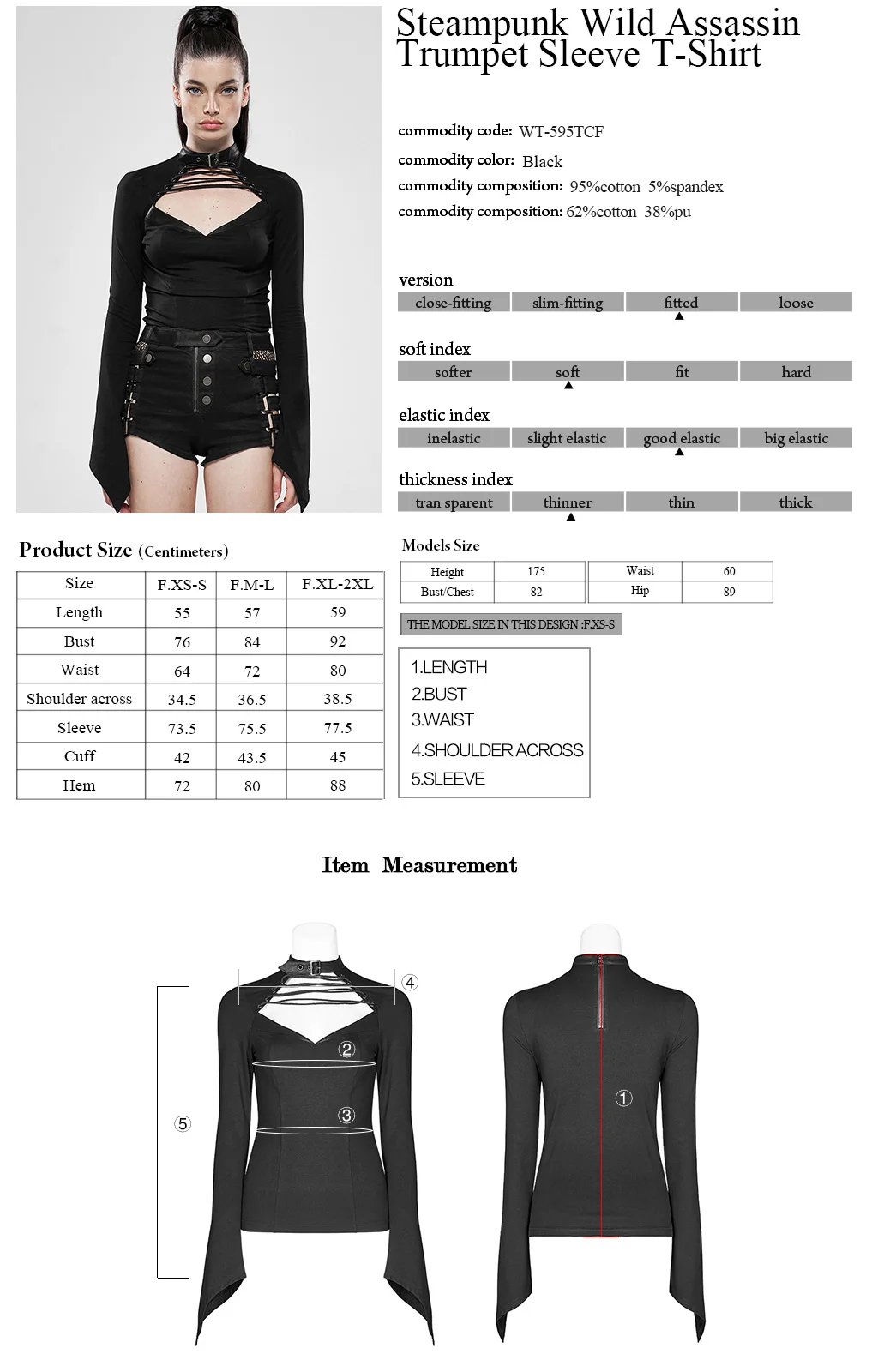 

PUNK RAVE Women's Steampunk Wild Assassin Trumpet Sleeve T-Shirt Stretch Knitted Metal Zipper Eyelet Wearing Holow Out Top