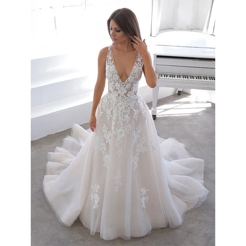 

Элегантное ТРАПЕЦИЕВИДНОЕ свадебное платье HERBURNL с глубоким V-образным вырезом и лямкой на шее, фатиновая аппликация, фотоблестящее платье