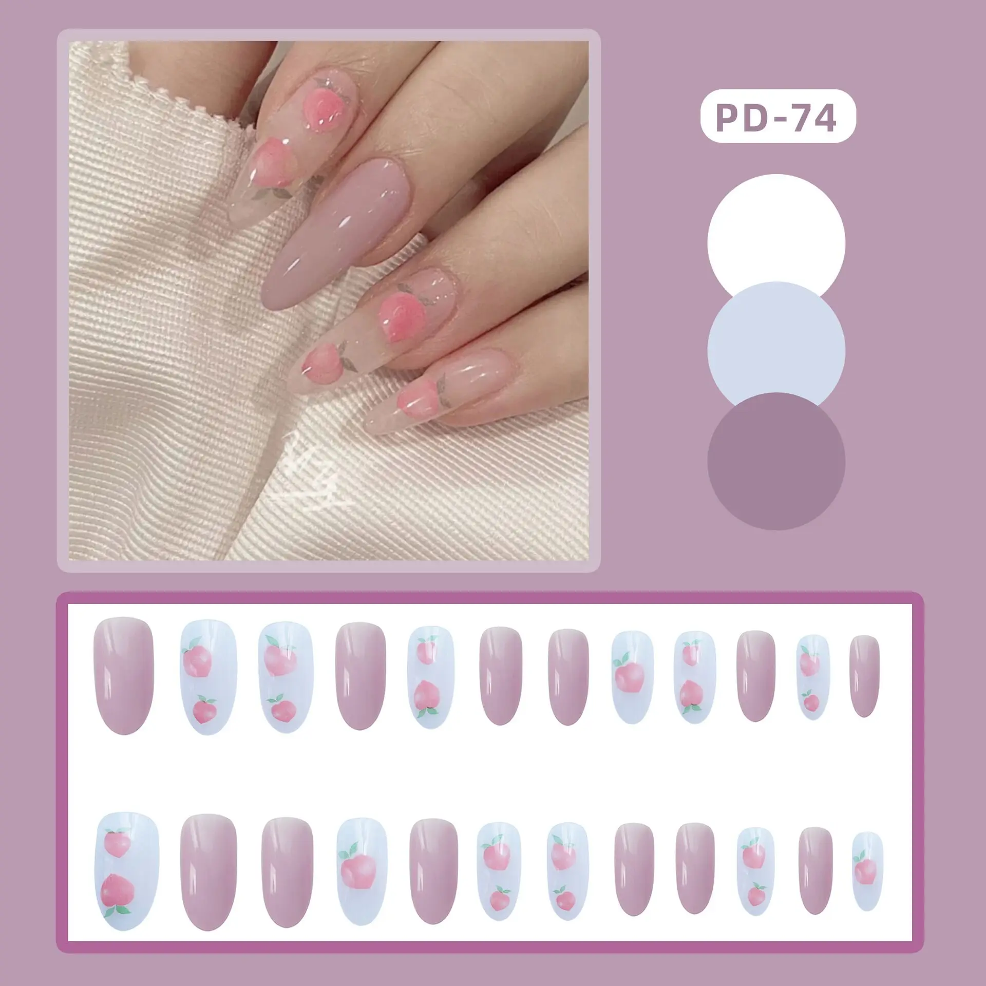 

New Summer pure color with peach cartoon patten false nails 24pcs with glue lady full nail tips Middle-long fake nails bride