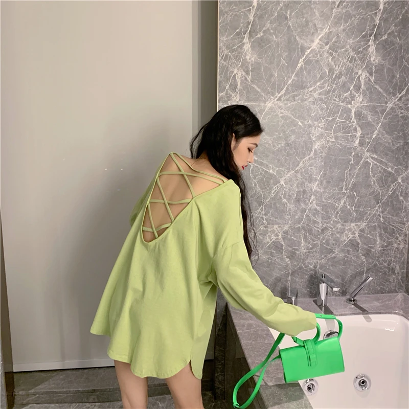 

women fashion backless cross long sleeve T-shirt coat 1125#