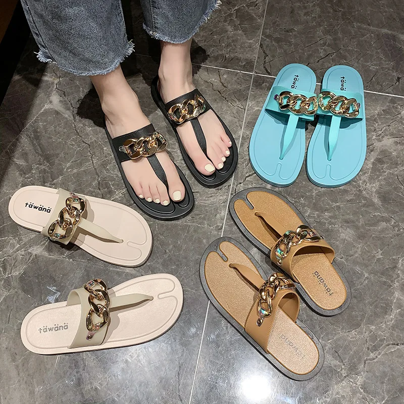 

2021 New Design Gold Chain Slip On Mules Shoes Flat Heel Female Outdoor Beach Women Flip Flop 2021Size 36-40