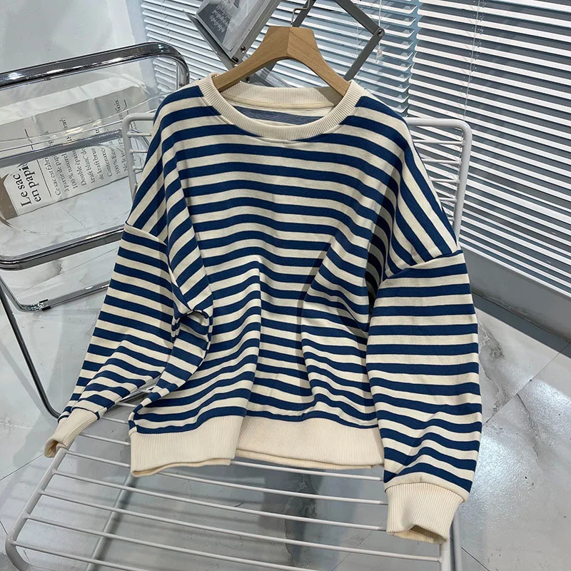 

Пуловер в белую и синюю полоску, свитер в полоску с круглым вырезом для женщин, Новинка весна-осень 2021, Свободный Повседневный свитер в Корей...
