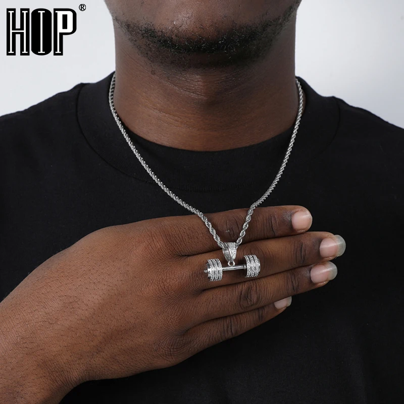 

Hip Hop Iced Out Bling Rope Chain Barbell Gym Fitness Dumbbell Gold Color Hand Pendants &Necklaces For Men Tennis Chain Jewelry