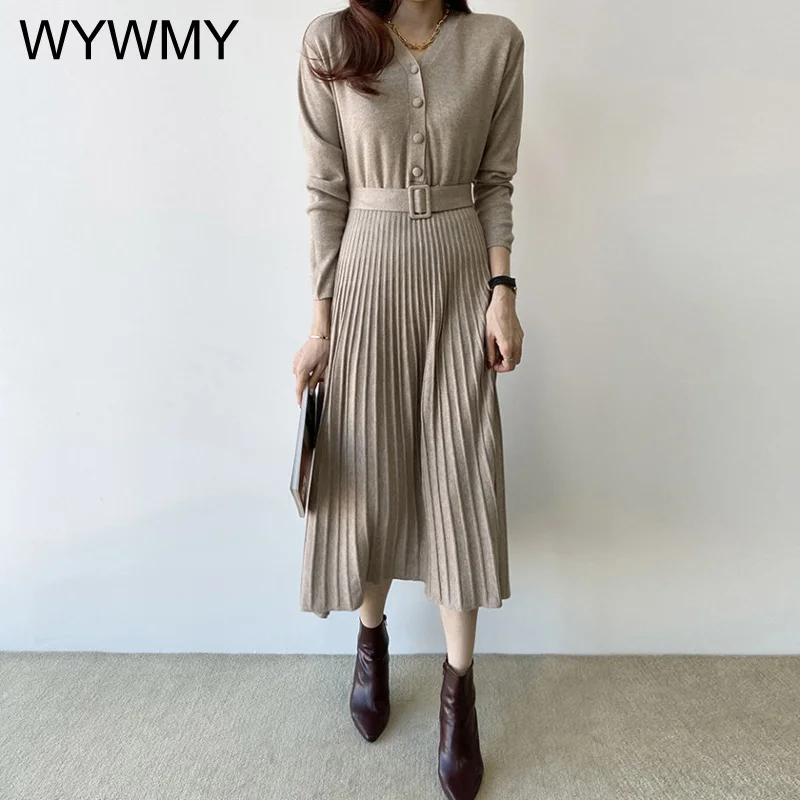 

WYWMY Elegant Single-breasted Women Sweater Dress 2021 Autumn Winter V-neck Thicken Knitted Belted Female A-line Long Dresses