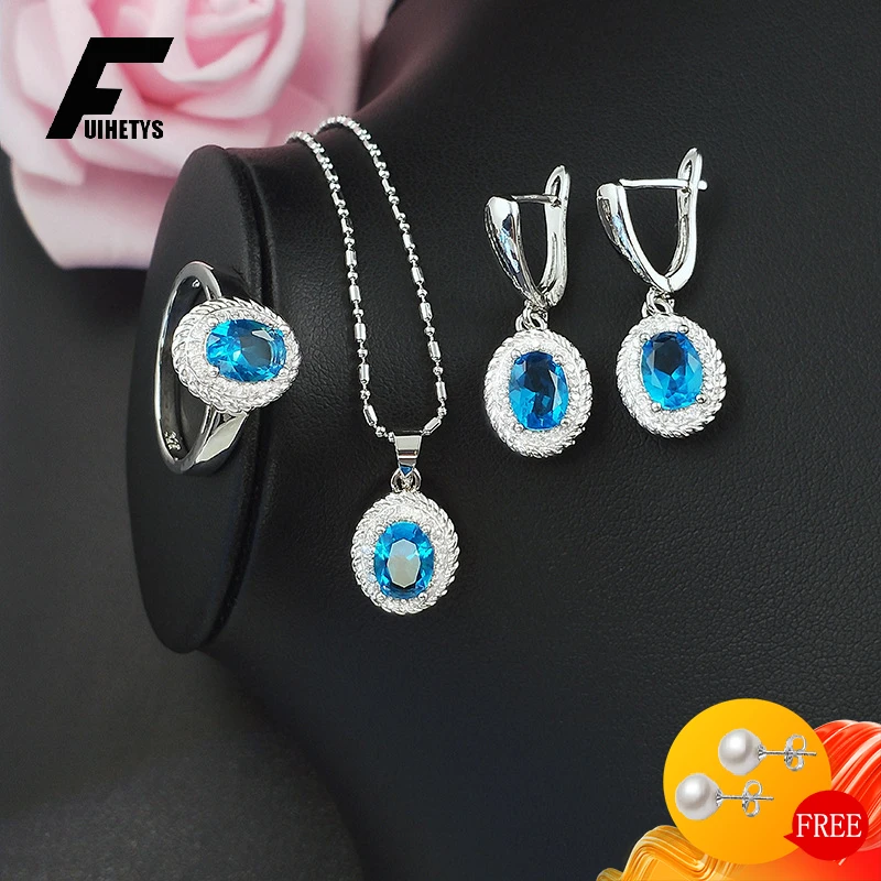 

FUIHETYS Fashion Ring Earrings Necklace 925 Silver Jewelry Set with Zircon Gemstone Accessories for Women Wedding Party Gifts
