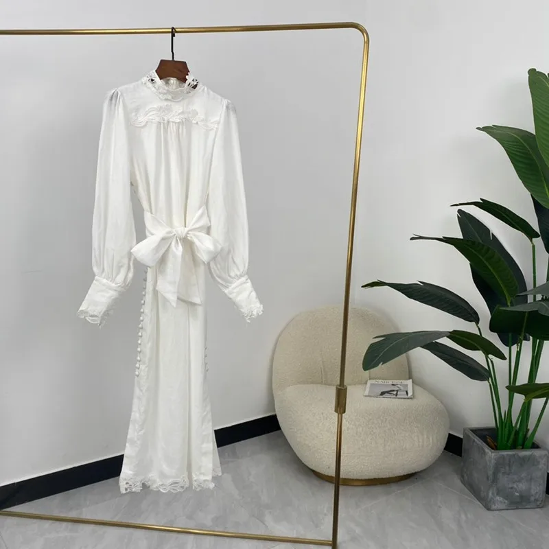 

Однотонные белые льняные платья с кружевной отделкой, длинными рукавами-фонариками, Новое поступление на лето-осень 2021