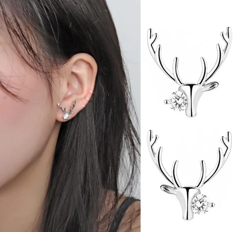 Hfarich Cute Zircon Deer Earrings for Women Animal Earring Studs Ear Jewelry For Kids New Year Gift Szpilki | Украшения и