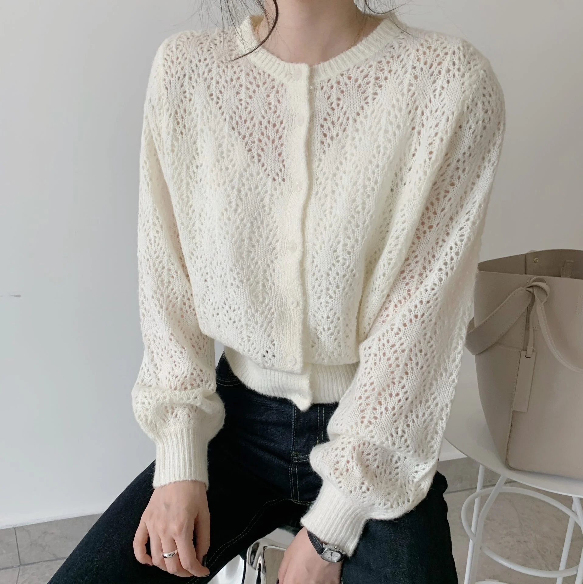 

CMAZ Spot Goods ~ Korean Custom Hollow Cardigan Grandma Shirt Lady Style Knitted Wool Mohair Sweater Cardigan