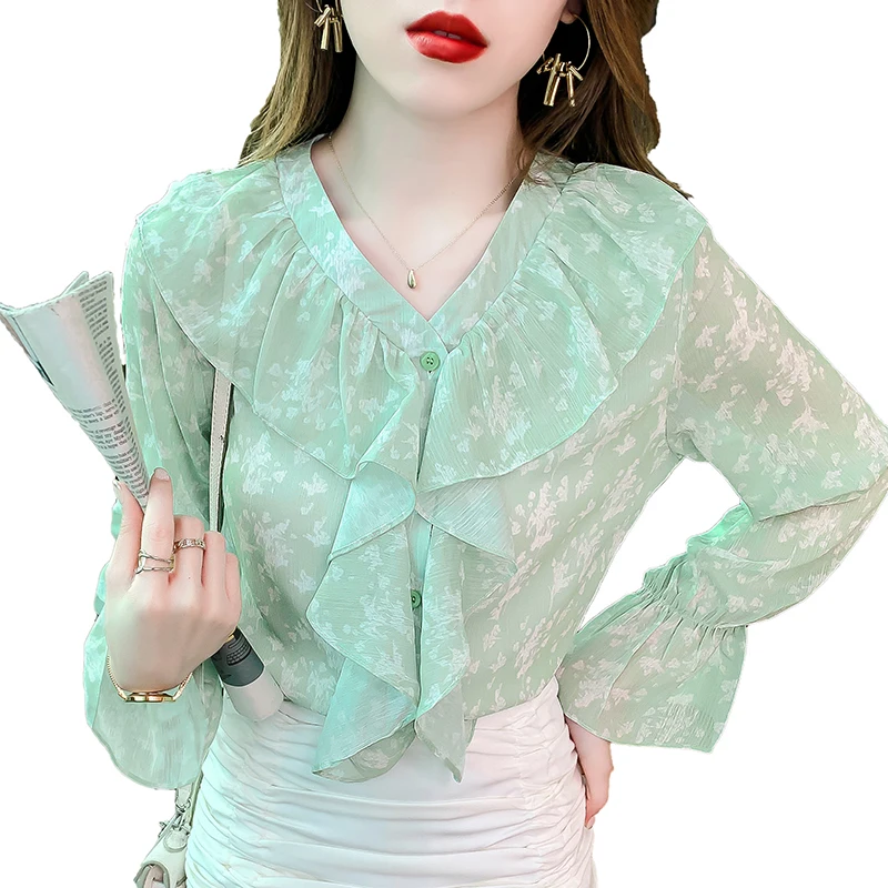 

Ruffled Floral Chiffon Shirt for Women 2021 Autumn Top Flare Sleeve V Collar All-Match Loose Blusa Camisas De Mujer Nancylim