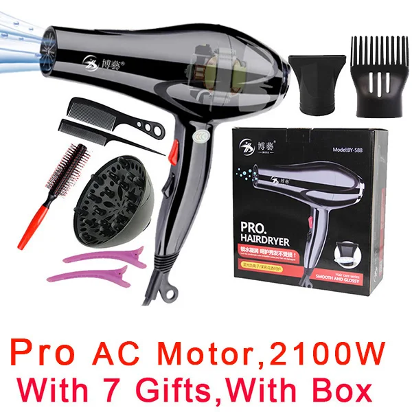 7 gifts with box 2100 Вт мотор переменного тока, новинка, низкий уровень шума, электрический фен с ручкой, черный профессиональный фен для волос, оборудование для ванной комнаты, 220 В - Цвет: 7 gifts with box