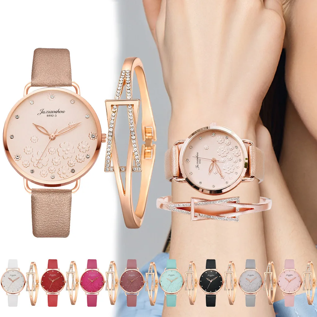 

YOLAKO Quartz Watch For Women Reloj Mujer Rhinestone Bracelet Set Gift Box Luxury Flowers Printing Dial Soft Top Leather Strap