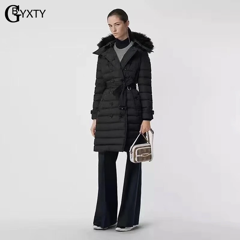 GBYXTY двубортный длинный пуховик зимняя женская зимняя одежда толстая лисий мех с капюшоном длинный гусиный пуховик пальто ZA1800