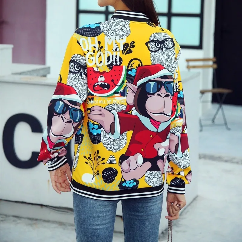 

Womens Jackets and Coats Autumn and Winter New Women Jacket Printed Cartoon Cardigan Women Baseball Uniform