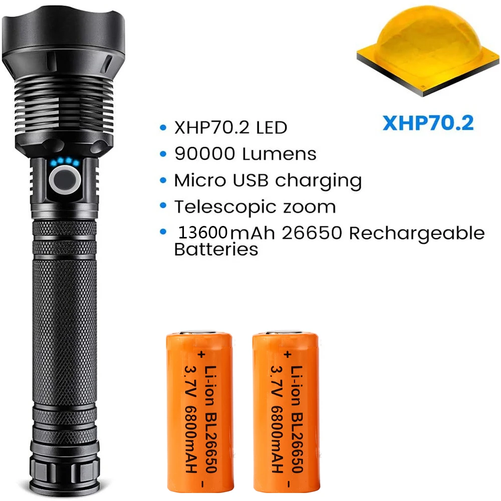 Lâmpada à Prova Lumens Lanterna Tática Xhp70.2 Ultra Poderosa Dwaterproof Água Recarregável Flash Luz 18650 ou 26650 Zoom Acampamento 90000 Led 3 Luzes e Iluminação