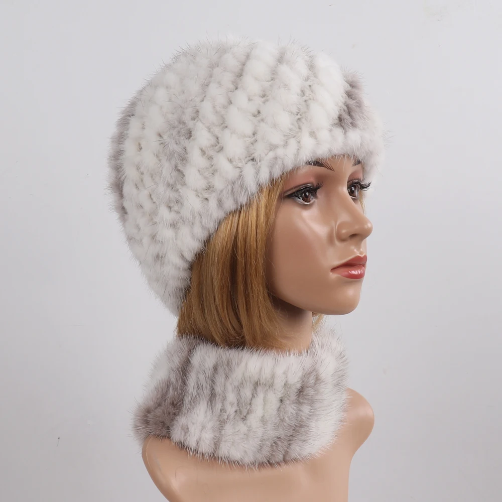 2021 Новая женская зимняя вязаная меховая шапка из натуральной норки шарф