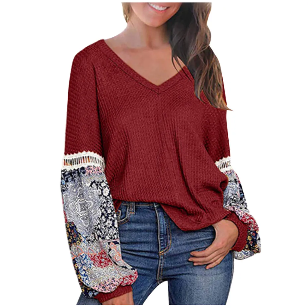 

Woman Tshirts Printing V-neck Bubble Sleeve Long Sleeve Shirts Fashions Casual Tops Oversized T Shirt Harajuku