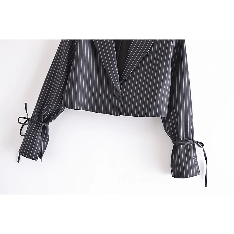 Za 2021 Women Office Lady Striped Blazer Long Sleeve V Neck Bow Tie Short Jackets Streetwear Autumn Women Outwears