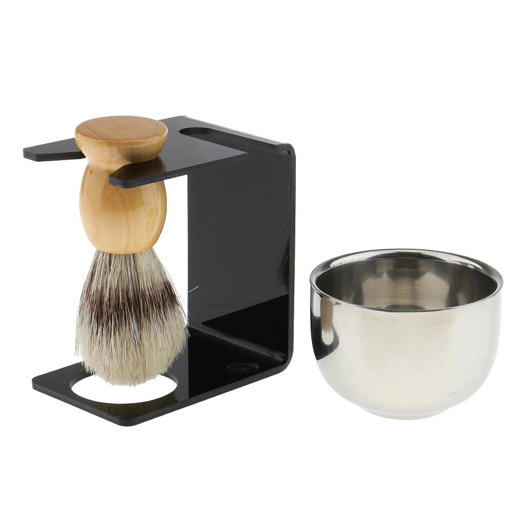 Wood Shaving Brush + Black Plastic Stand Stainless Steel Smooth Surface Bowl Cup Soap Set for Men Barber |